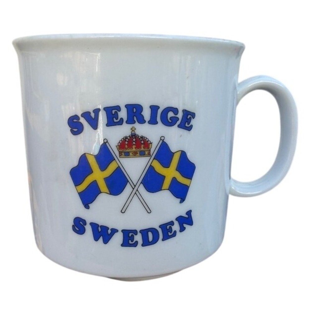 Vtg. Sweden Sverige Sweden Mug OS White Good Flag Crown Souvenir Travel Heritage
